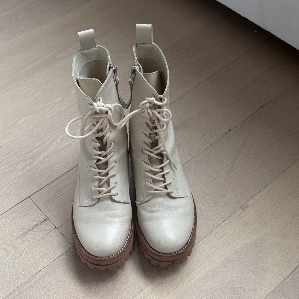 Dolce Vita Cream Lace-Up Platform Combat Boots with Brown Lug Sole
